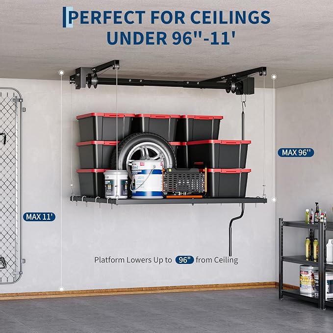 GarveeHome Adjustable 4x4 ft Ceiling Storage Rack, Heavy Duty Overhead Garage Rack with 250 Lb Capacity and Auto Safety Lock, Ideal for Attic and Basement Organizing