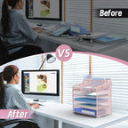 5 Tier Mesh Desk Organizer,Multi Functional Letter Paper Tray with 3 Pen Holders and 5 Adjustable Storage Compartments for Office Supplies Files and Mail Space Saving Desktop Organizer-Pink