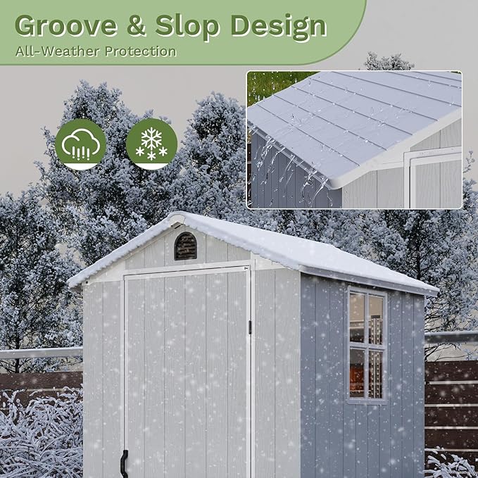 Patiowell 4' x 4' Outdoor Storage Shed with Floor, Plastic Shed Outside Resin Tool Shed with Window and Lockable Door for Backyard Garden Patio Lawn, Light Gray