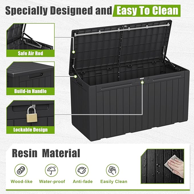 Flamaker Resin Deck Box 100 Gallon Large Lockable Outdoor Storage Box Waterproof Deck Chest for Patio Cushions, Garden Tools, Accessories (Black)