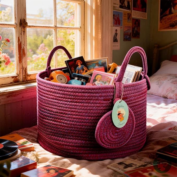 Modern Granny Small Cotton Rope Laundry Basket 16x10 Inch Dual Secure Woven Handle for Living Room Closet Clothes Blanket Organization