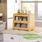 Double Layer Bread Box for Kitchen Countertop, Large Breadbox Bread Container Storage with Acrylic Door, Wooden Farmhouse Bread Holder (Bamboo, Medim-15.7" L x 9.5" W x 13" H)