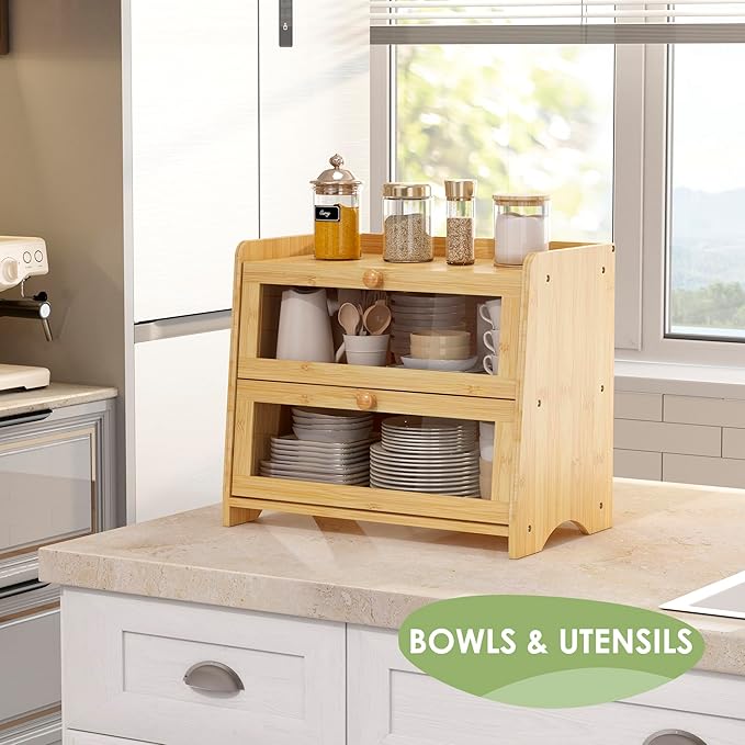 Double Layer Bread Box for Kitchen Countertop, Large Breadbox Bread Container Storage with Acrylic Door, Wooden Farmhouse Bread Holder (Bamboo, Medim-15.7" L x 9.5" W x 13" H)