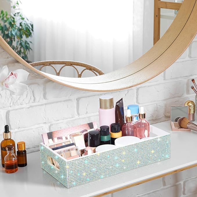 Honeydak Bling Rhinestone Bathroom Basket with Handle 13" x 6" x 3" Toilet Tank Tray, Crushed Diamond Bathroom Decor Accessories, Back of Toilet Storage Organizer, Sparkly Gifts for Women(White)