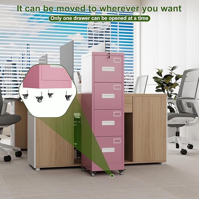 Aobabo 4 Drawer File Cabinet with Wheels, Lockable Office Metal Filing Cabinet with Name Card for Office and Home,Assembly Required,Pink