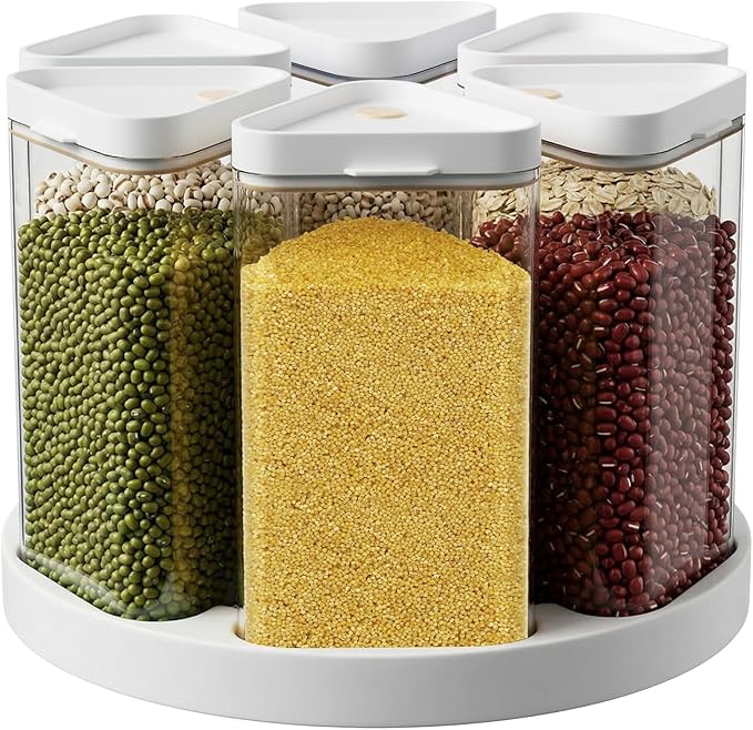 6-Grid Rotating Grain Storage Bins & Pantry Food Organizer, Dry Food Canister Set for Cereal, Grain, Snacks, Coffee Beans, Kitchen Countertop Storage