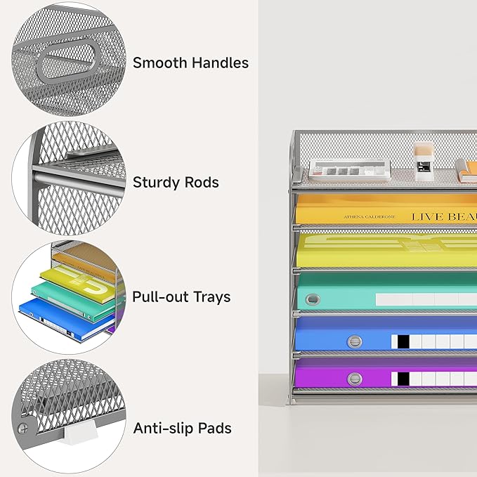 6 Tier Paper Organizer, Silver Letter Tray with Handle, Mesh Desk Organizer, Metal File Organizer, Office Desk Accessories for Home, Office, Classroom, School