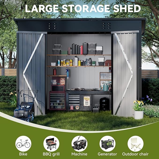 COMHOMA Shed Outdoor Storage Shed Metal,Lockable Doors Tool Sheds with Sloping Roof,Steel Garden Shed with Air Vent for Backyard,Patio,Lawn,Poolside(Grey,8'*4')