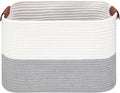Large Cotton Rope Storage Basket with Leather Handles, Laundry Hamper Basket, 20 "L x 14" W x 12 "H, Durable & Stylish Organizer for Home.(Large Gray)