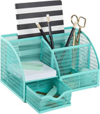 BLU MONACO Aqua Desk Organizer | Metal Turquoise Stationery Holder With Drawer and Compartments | Desktop Storage for School, Bedroom, Locker and Home | 5.5”D x 8.6”W x 5”H Accessory Caddy