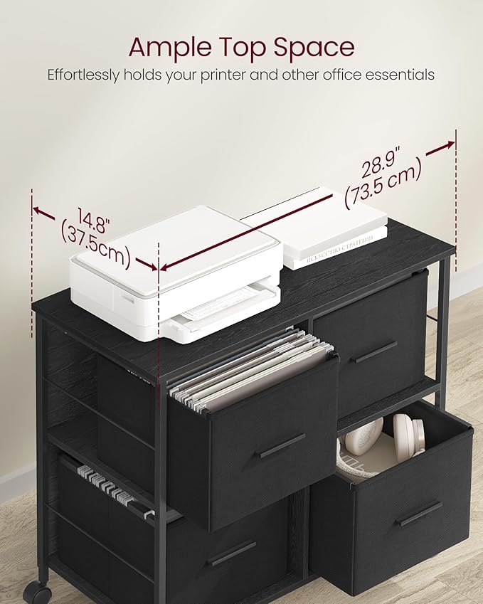 VASAGLE File Cabinet with 4 Drawers, Printer Stand, Cube Storage Shelf, for A4, Letter-Size Documents, File Storage Box, Home Office, Ebony Black and Ink Black UOFC059B56