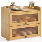Large Bread Box for Kitchen Countertop Wooden Double Layer Breadbox Organizer with Window Vintage Farmhouse Bread Storage Container for Homemade Bread (Natural Bamboo)