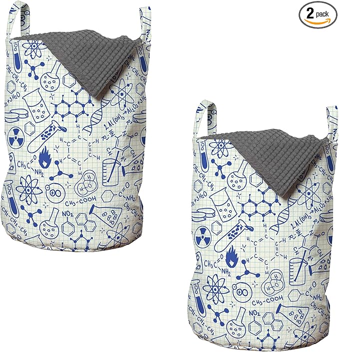 Ambesonne Cartoon Laundry Bag Pack of 2, Science Chemistry Geometry Math Nerd Geek and Genius Themed Design Art, Hamper Basket with Handles Drawstring Closure, 13" x 19", Blue and Ivory