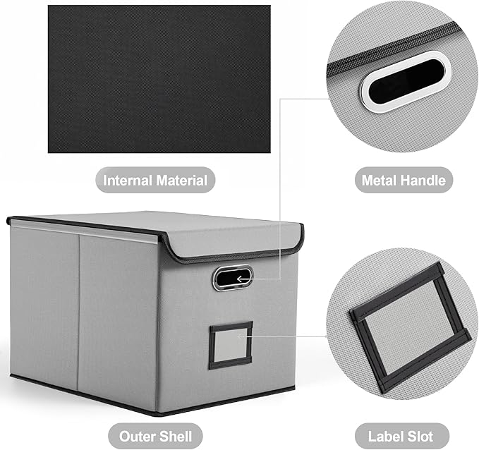 Collapsible File Box with Lid & Plastic Slide - Hanging Document Organizer for Office/Home, 14.96x12.6x10.83 Inch,Decorative Home File Bin,Light Grey, 1 Pack (No Folders Included)