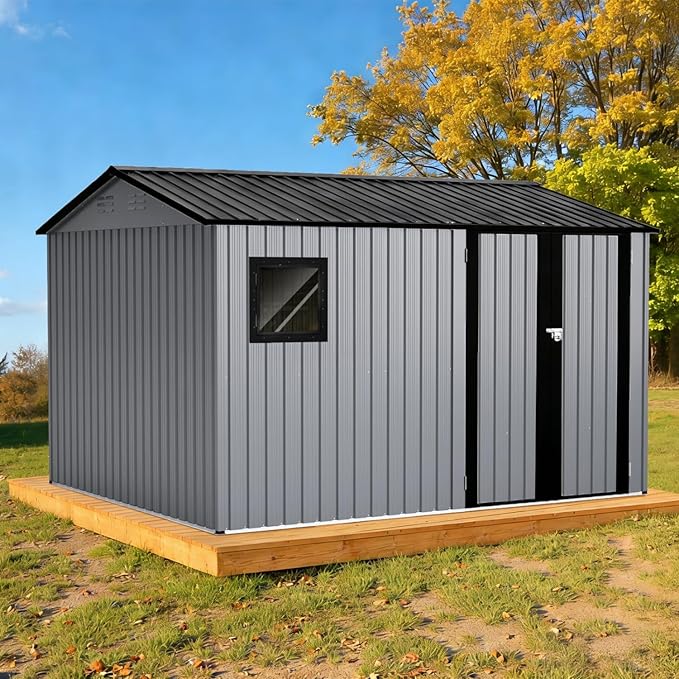 10' x 8' XL Outdoor Storage Shed, Sturdy Metal Building w/Floor and Operable Window for Garden, Backyard, Poolside and Lawn, Grey