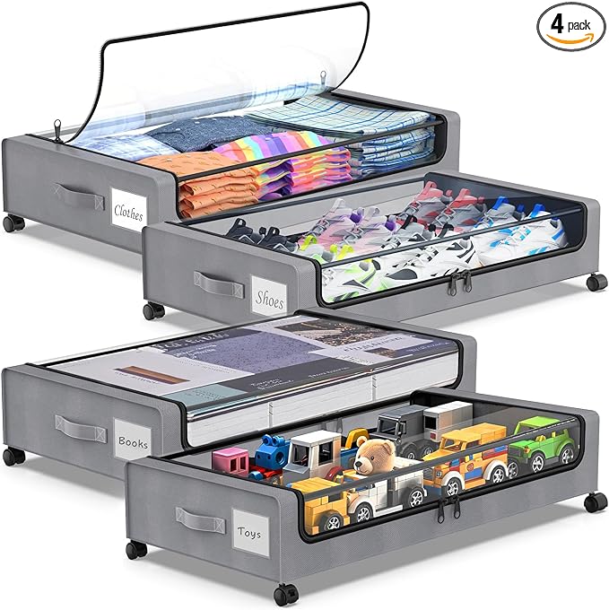 Beborxue Under Bed Storage with Wheels, 4-Pack Underbed Storage Containers with Clear Lids, XXL 60L Under the Bed Storage Organizer Bins, Rolling Under Bed Metal Drawer for Clothes,Shoes,Toys (Gray)