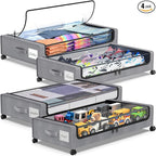 Beborxue Under Bed Storage with Wheels, 4-Pack Underbed Storage Containers with Clear Lids, XXL 60L Under the Bed Storage Organizer Bins, Rolling Under Bed Metal Drawer for Clothes,Shoes,Toys (Gray)