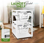 Laundry Basket Holder Shelf – Stackable Engineered Wood Laundry Tower with Wheels, Tiered Laundry Hamper Organizer for Bathroom, Bedroom, Closet (White, 2 Tier)