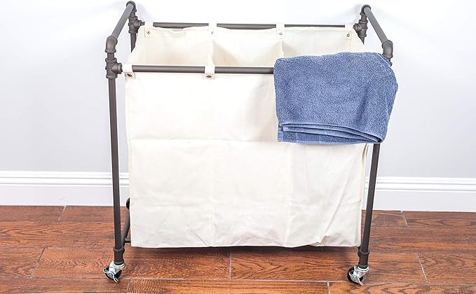 028-28003 Modern Industrial Style 3 Section Laundry Sorter, 33.24” W x 17.10” D x 30.50”H, Satin Pewter