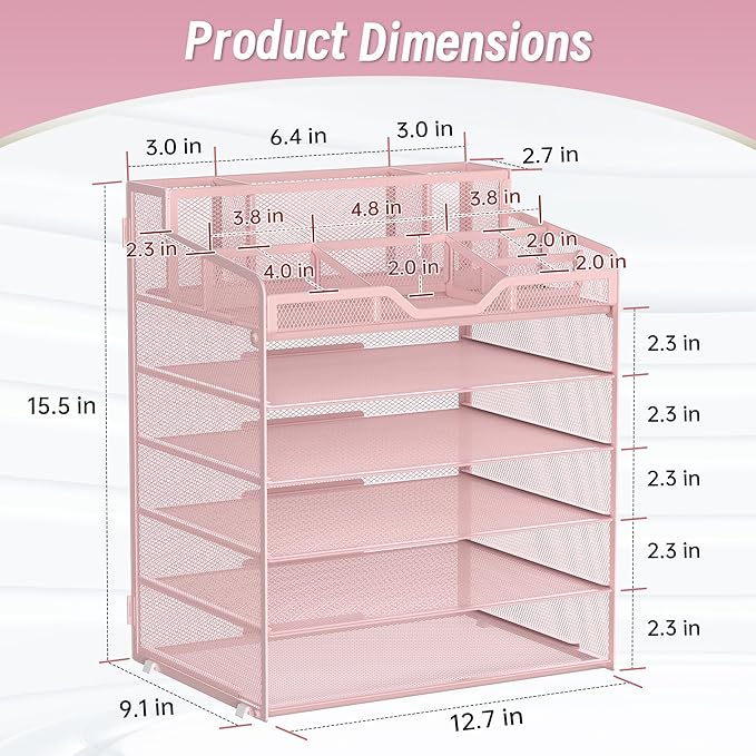 6 Tier Mesh Desk Organizer,Multi Functional Letter Paper Tray with 3 Pen Holders and 5 Adjustable Storage Compartments for Office Supplies Files and Mail Space Saving Desktop Organizer-Pink