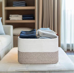 Small Cotton Rope Storage Basket with Leather Handles, 15 "L x 11.5" W x 7.5 "H, Home Decor Basket, Durable & Stylish Organizer for Home.(Small Brown)