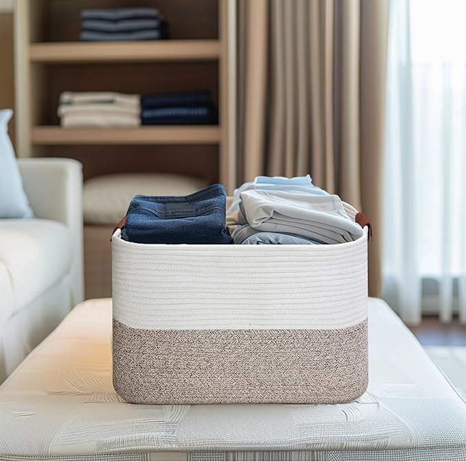 Small Cotton Rope Storage Basket with Leather Handles, 15 "L x 11.5" W x 7.5 "H, Home Decor Basket, Durable & Stylish Organizer for Home.(Small Brown)