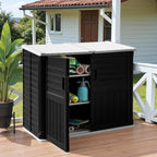 Greesum Outdoor Trash Can Storage Shed, 34 Cu.ft Waterproof Horizontal Storage Shed, Portable Horizontal Resin Storage Shed for Garden, Backyard, Patio, Dark Black