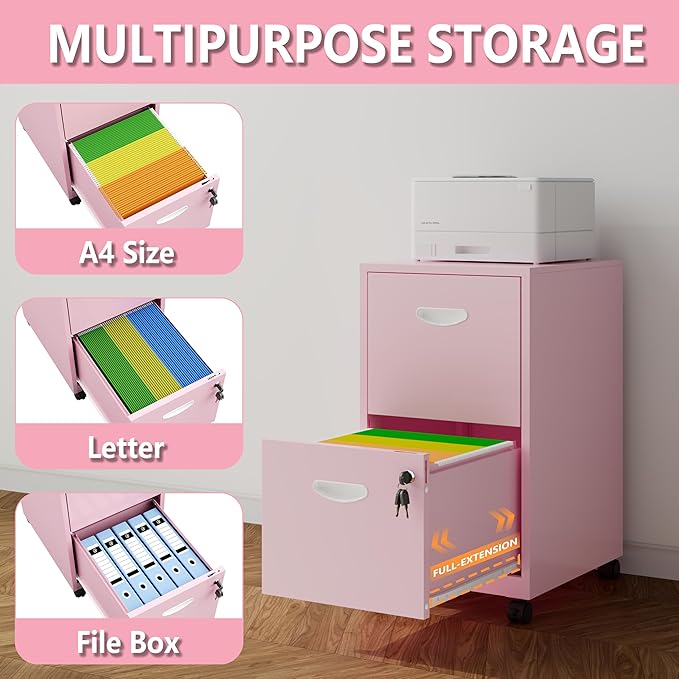 2 Drawer Rolling File Cabinet on Wheels, Mobile Two Drawer Filing Cabinet with Lock, Small Files Cabinets for Under Desk, Metal Filing Cabinets for Letter Size Folders, Pink - Assembly Required