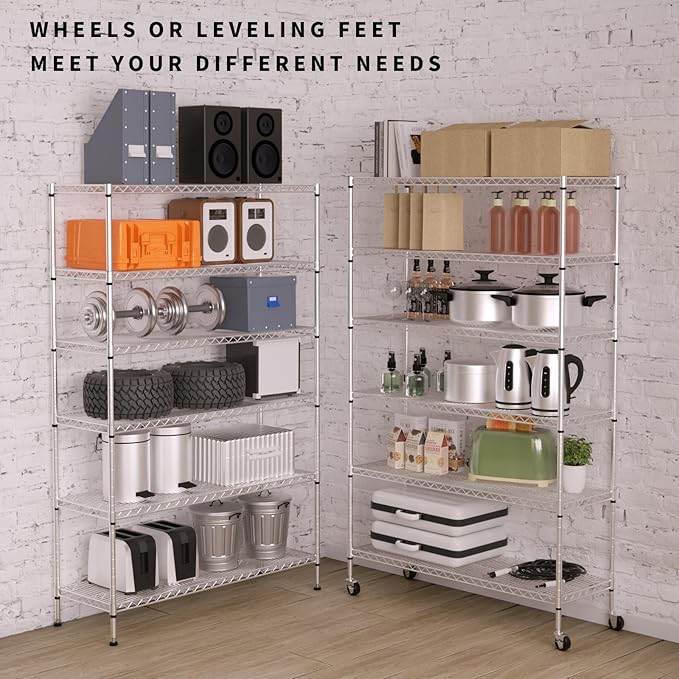 Heavy Duty 6 Tier Shelving Unit Adjustable 6000Lbs Capacity Steel Storage Rack 18" x 48 x 76 Mobile Shelves Wire Shelf Silver Rolling Utility Cart for Pantry Garage Kitchen, Chrome
