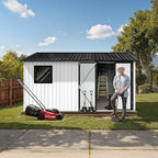 12' x 10' XL Outdoor Storage Shed, Sturdy Metal Building w/Floor and Operable Window for Garden, Backyard, Poolside and Lawn, White