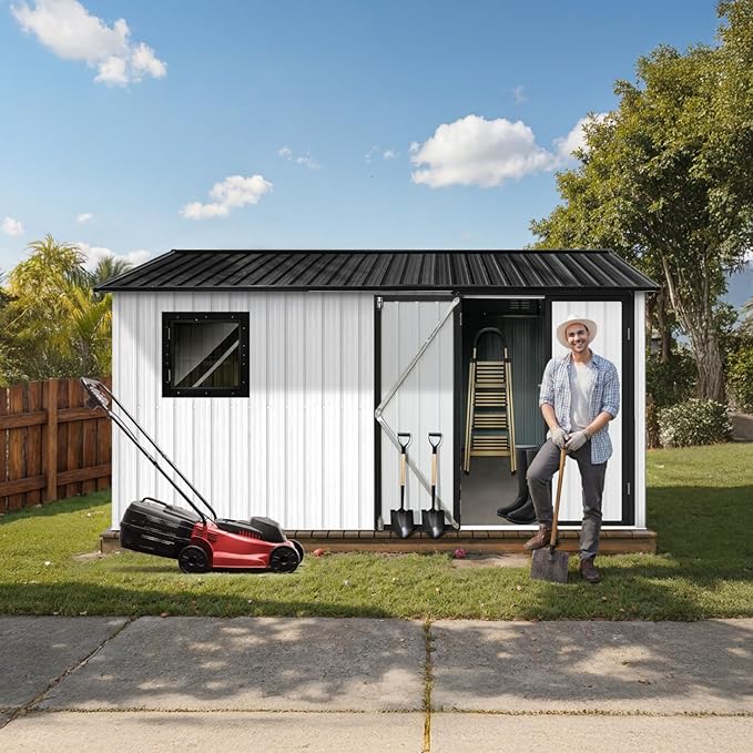 12' x 10' XL Outdoor Storage Shed, Sturdy Metal Building w/Floor and Operable Window for Garden, Backyard, Poolside and Lawn, White