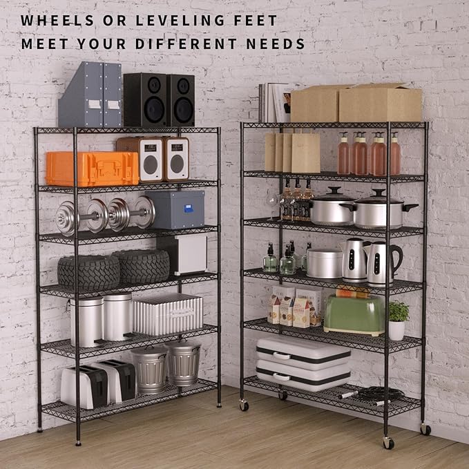 6000Lbs Capacity Heavy Duty Storage Shelves Commercial Wire Shelving Unit and Storage Adjustable NSF 6 Tier Metal Rack Shelf on Wheels for Garage Basement, 76 H x 48 L x 18 D - Black