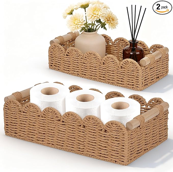 Set of 2 Paper Rope Scalloped Edge Decor Baskets, Small Storage Basket and Toilet Paper Basket for Toilet Paper Storage, Bathroom, Living room, Bedroom & More, 2 Wooden Handles, Neutral