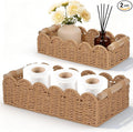 Set of 2 Paper Rope Scalloped Edge Decor Baskets, Small Storage Basket and Toilet Paper Basket for Toilet Paper Storage, Bathroom, Living room, Bedroom & More, 2 Wooden Handles, Neutral