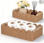 Set of 2 Paper Rope Scalloped Edge Decor Baskets, Small Storage Basket and Toilet Paper Basket for Toilet Paper Storage, Bathroom, Living room, Bedroom & More, 2 Wooden Handles, Neutral