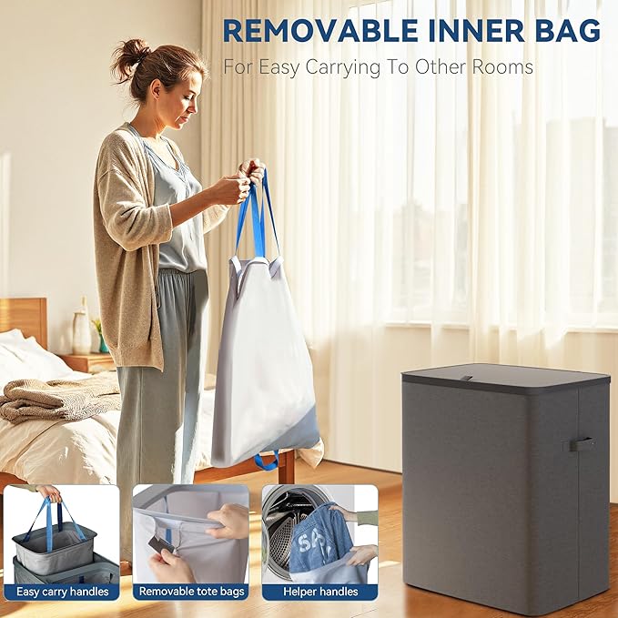 Dual Section 90 liter/23.8 gallon Laundry Hamper Separation Basket with lid, 2 Removable Washing Bags with Handles,Large Laundry Sorter for Easy Clothes Separation - Dark Gray