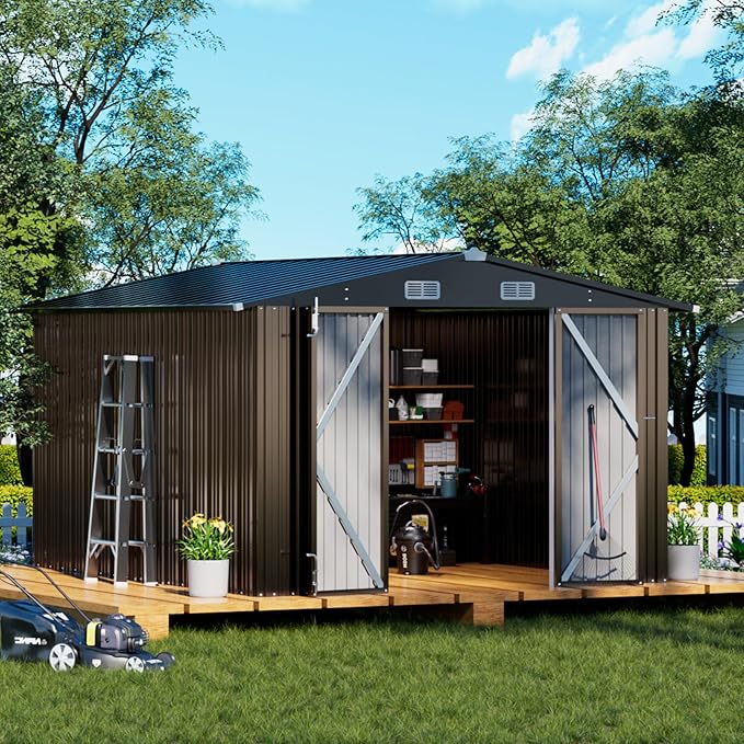 COMHOMA Shed Outdoor Storage Shed Metal,Lockable Doors Tool Sheds with Sloping Roof,Steel Garden Shed with Air Vent for Backyard,Patio,Lawn,Poolside (Brown, 10'x12')