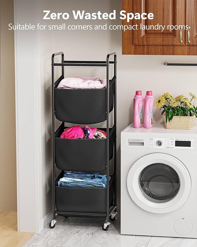 3 Section Laundry Sorter with Removable Bags, 120L Rolling Vertical Laundry Hamper, Stackable Laundry Baskets organizer for Bathroom, Apartment, Dorm (Black, With Wheel)