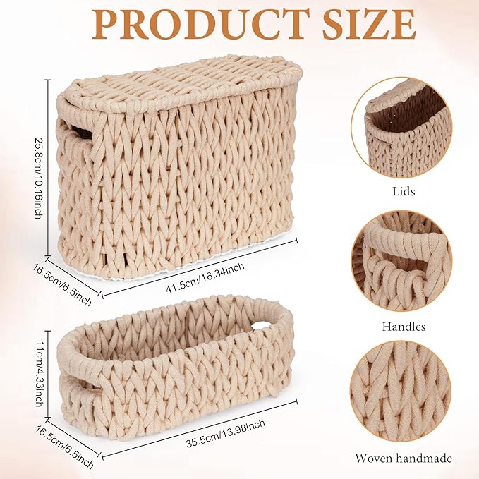 2 Pack Toilet Paper Storage Baskets, Cotton Rope Woven Storage Baskets for Organizing with Handles & Lid, Toilet Paper Baskets Bathroom Coutertop Organizer for 6 Rolls, Bathroom Accessories Organizer