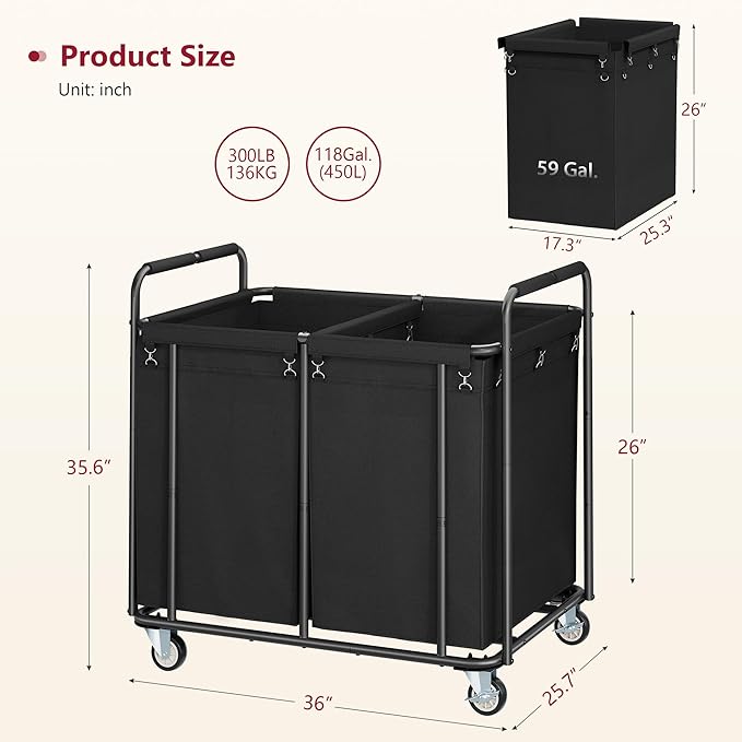 Tajsoon 450L Large Rolling Laundry Hamper with Wheels, 2-Section Commercial Laundry Sorter with Handle, Laundry Basket for Clothes Storage, Laundry Cart for Hotel, Bathroom, Bedroom, Black