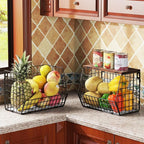 Fruit Basket for Kitchen Counter, Fruit Bowl Stackable Wall Mounted Hanging Fruit Basket Wire Basket with Wood Lid with Banana Hanger Hooks, Onion,Potato,Fruit and Vegetable Storage