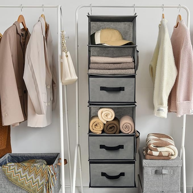 GRANNY SAYS 6-Shelf Hanging Closet Organizer, Separable to 2 Pack 3-Shelf, Closet Organization and Storage with 3 Different Drawers, 4 Side Pockets Wardrobe Clothes Organizer, Gray, 1-Pack
