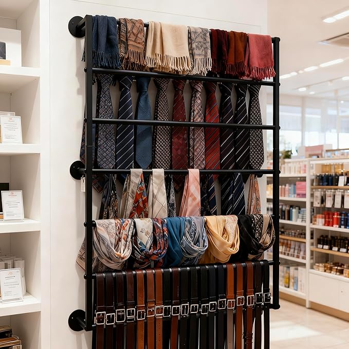 Wall Mounted Display Rack, 7-Layer Wrapping Paper Ribbon Organizer Scarves Tie & Scarf Rack Belts Towel Holder Necktie Hijab Stand Metal Shelving for Home, Retail Stores, Flower Shop