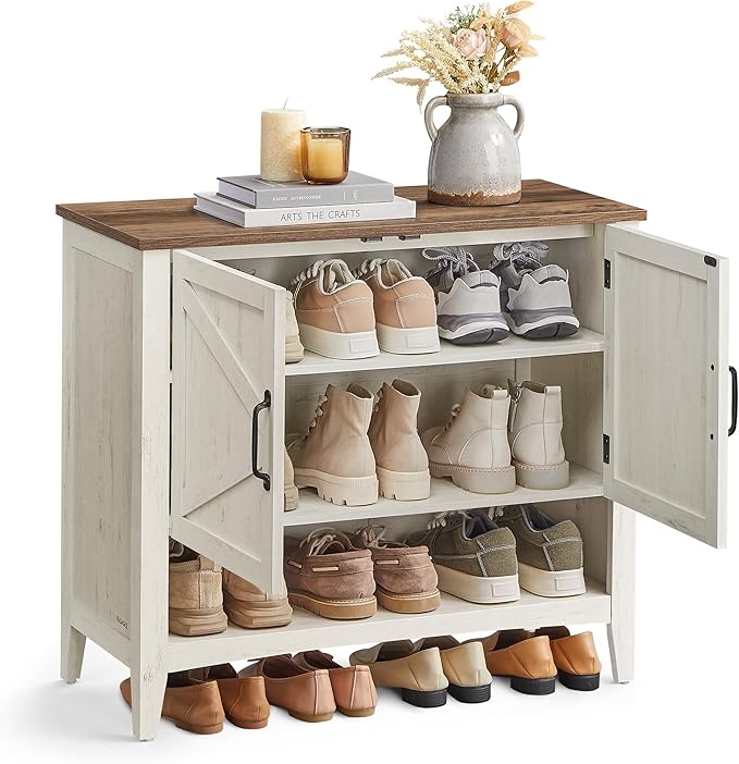 VASAGLE LIRY Collection - Shoe Cabinet, 3-Tier Storage Organizer, Shoe Shelf, Farmhouse Freestanding Cabinet, Height-Adjustable Shelf, 13.8 x 31.5 x 27.6 Inches, Rustic White ULBC038W01