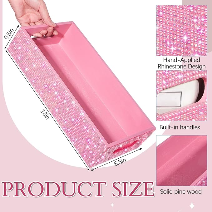 Honeydak Bling Rhinestone Bathroom Basket with Handle 13" x 6" x 3" Toilet Tank Tray, Crushed Diamond Bathroom Decor Accessories, Back of Toilet Storage Organizer, Sparkly Gifts for Women(Pink)