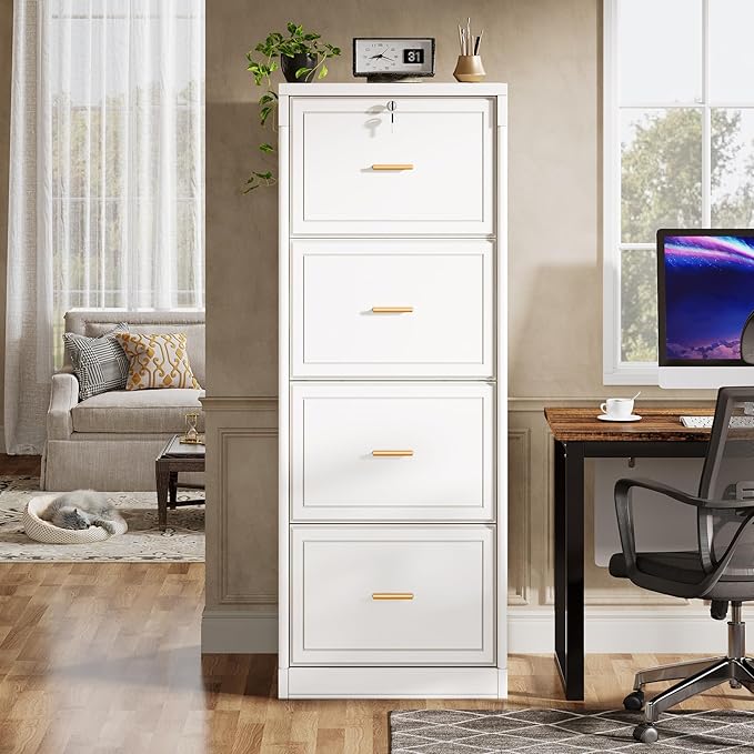 Tribesigns 4-Drawer File Cabinet with Lock, Locked File Cabinet with Key, Tall Wooden Filing Cabinets for Home Office, Vertical Office Storage for Legal Size/Letter/A4/Files, White