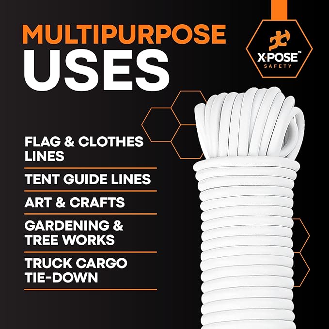 Plastic Clothesline - 50' Clothes Line - White Outdoor Weather Resistant - Synthetic Cord for Hanging and Drying Clothing & Laundry - Plastic Rope Clothes Line String for Pulley