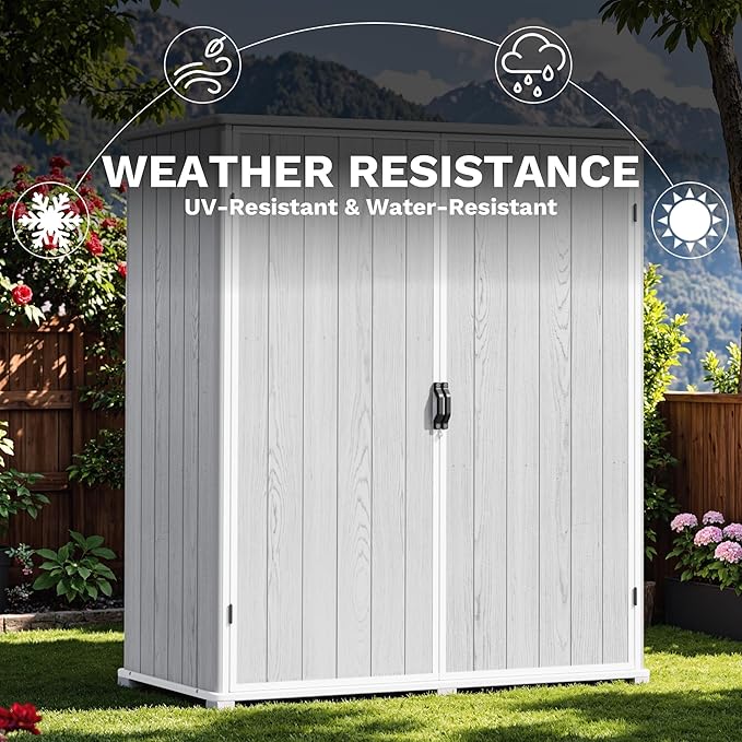 Devoko 5x3 FT Resin Outdoor Storage Shed with Floor, Plastic Outdoor Storage Cabinet, Waterproof Vertical Tool Shed with Lockable Door for Patio, Garden, Backyard, Light Gray