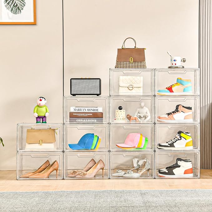 5 Pack Clear Stackable Shoe Organizer Box with Lids, Acrylic Shoes Box with Magnetic Doors, Transparent Shoe Storage Bins Closet Organizers, Shoes Containers For Sneaker Display, Fit up to US Size16