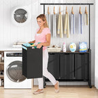 Laundry Sorter 3 Section With Extendable Hanging Bar, Heavy Duty Laundry Basket With Rolling Lockable Wheels And Shelf, Laundry Room Organization And Storage